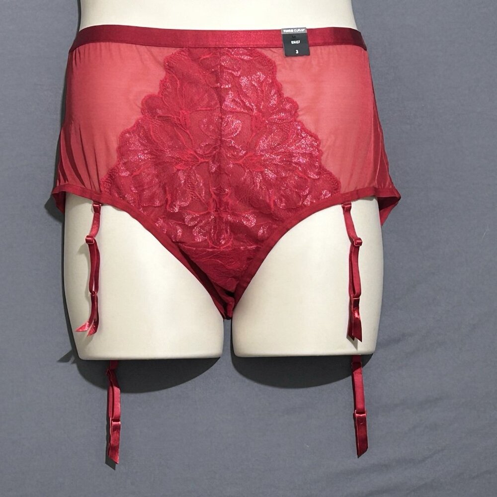 Torrid Curve Suspender Brief Panty Sz 3 Red Mesh And Lace
